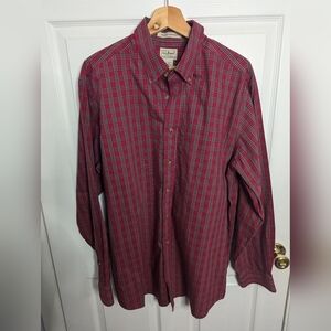 L.L. Bean Mens Shirt Plaid Red Long Sleeve Wrinkle Resistant Size Large Button